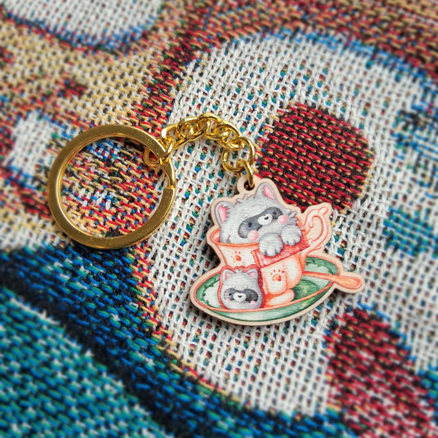 Raccoon Tea Cup Keyring